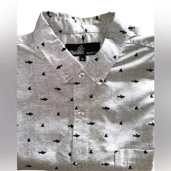 Molokai surf co XL men’s shark button down. Grey with black sharks. Worn twice. - Picture 2 of 9